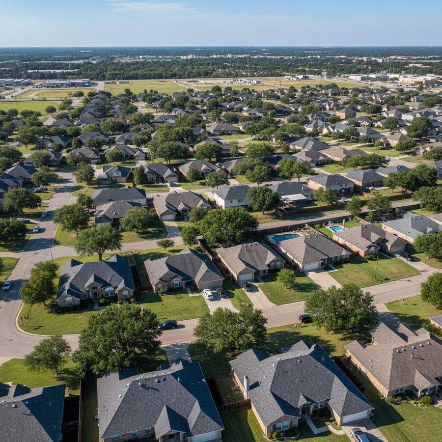 Aerial view of Fort Worth, Texas residential neighborhood with rooftops