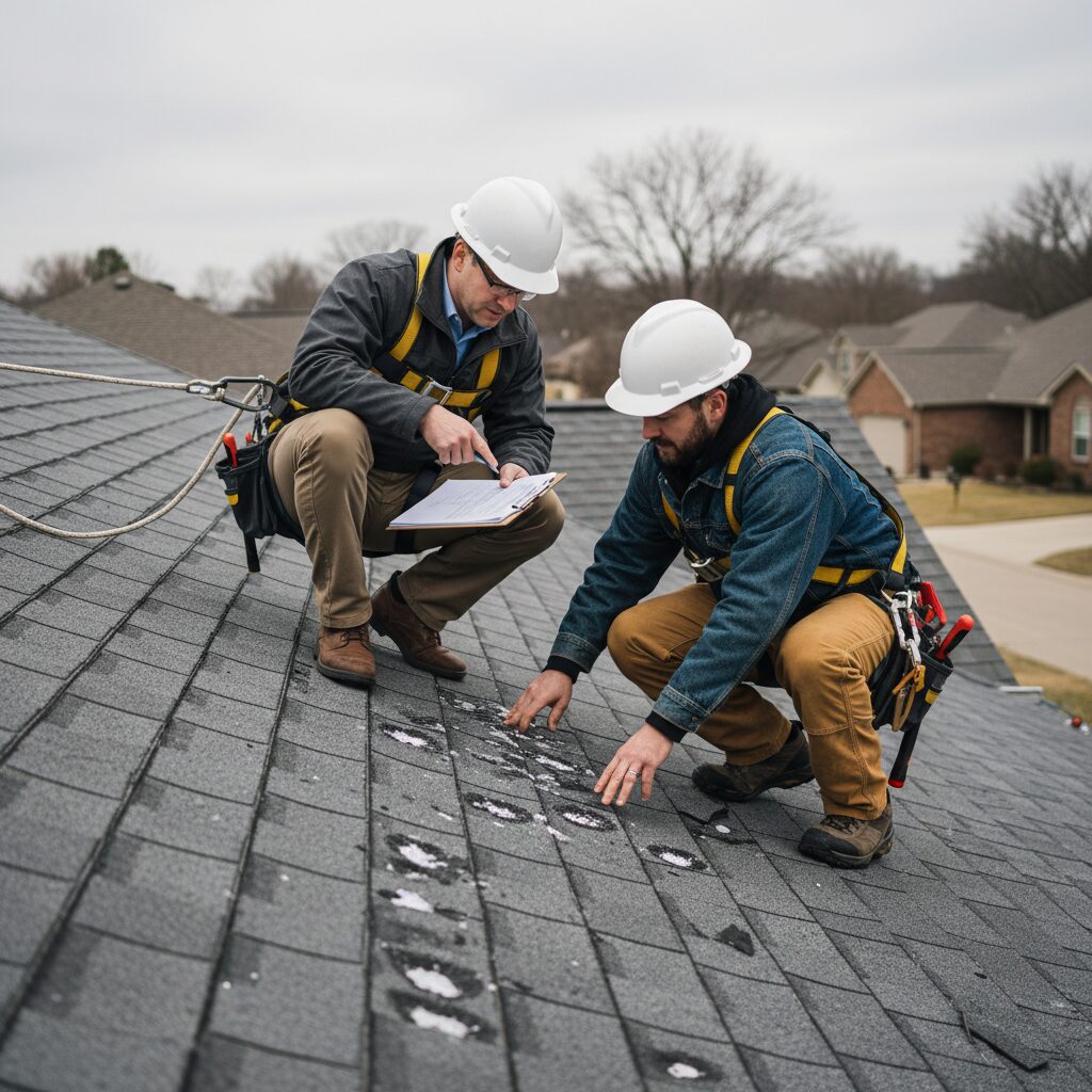 Insurance adjuster and roofer reviewing roof damage claim in Fort Worth, TX