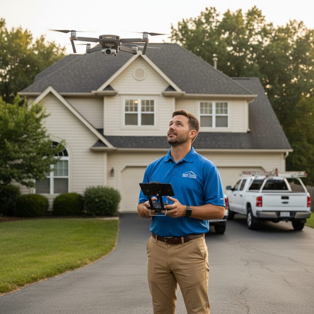 Roof inspector using drone for aerial inspection in Fort Worth, TX