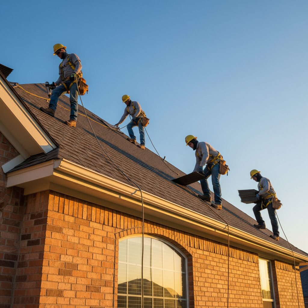 Professional roofing crew repairing a residential roof in Fort Worth, TX