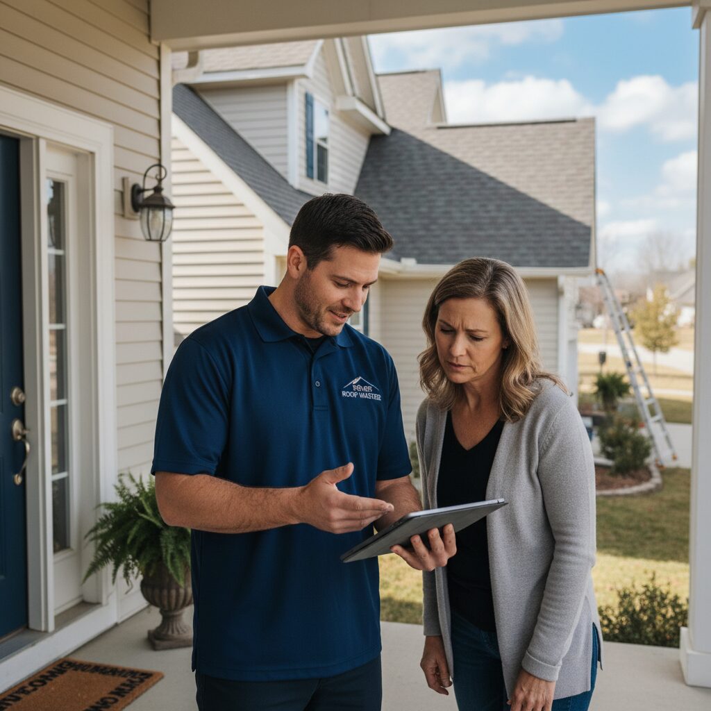 Roofing contractor giving free estimate to homeowner in Fort Worth, TX